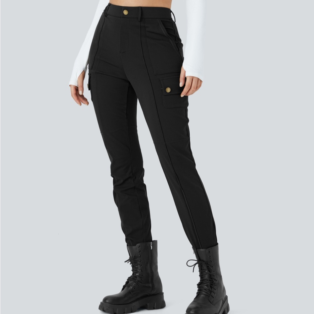 High waisted button zipper multiple pockets solid skinny cargo pants